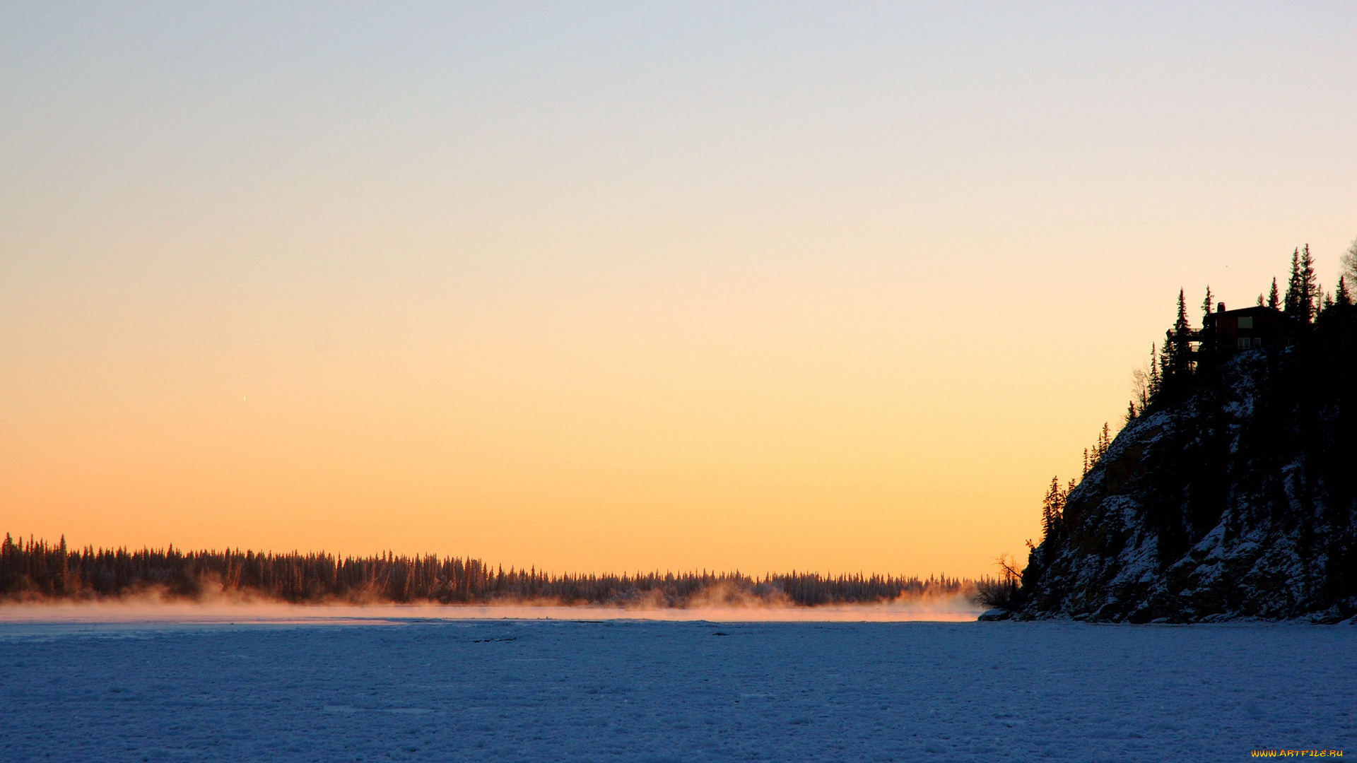 природа, зима, снег, лед, река, холм, лес, пригорок, деревья, пар