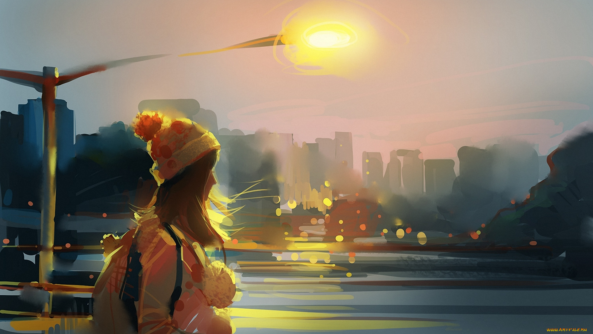 рисованные, дети, девушка, ветер, город, река, рюкзак, шапка, фонарь