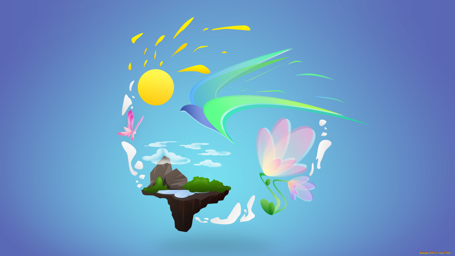 рисованные, минимализм, небо, земля, фон, птицы, солнце, облака