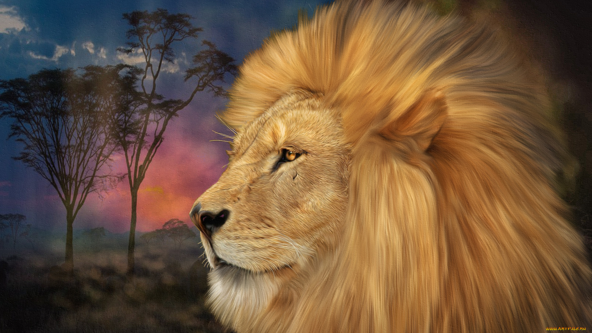 рисованные, животные, деревья, лев
