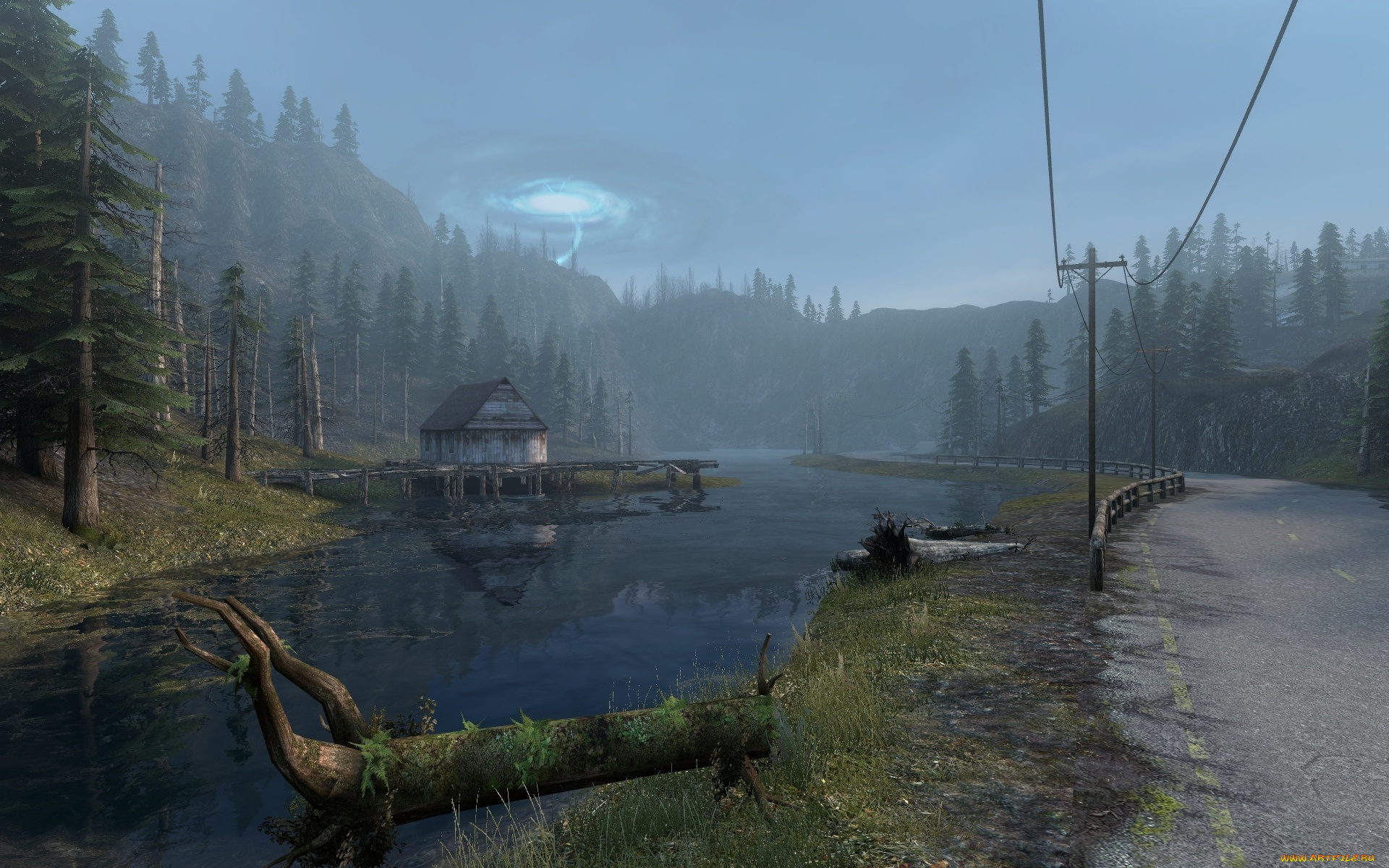 3д, графика, nature, landscape, , природа, горы, дорога, избушка, река, лес