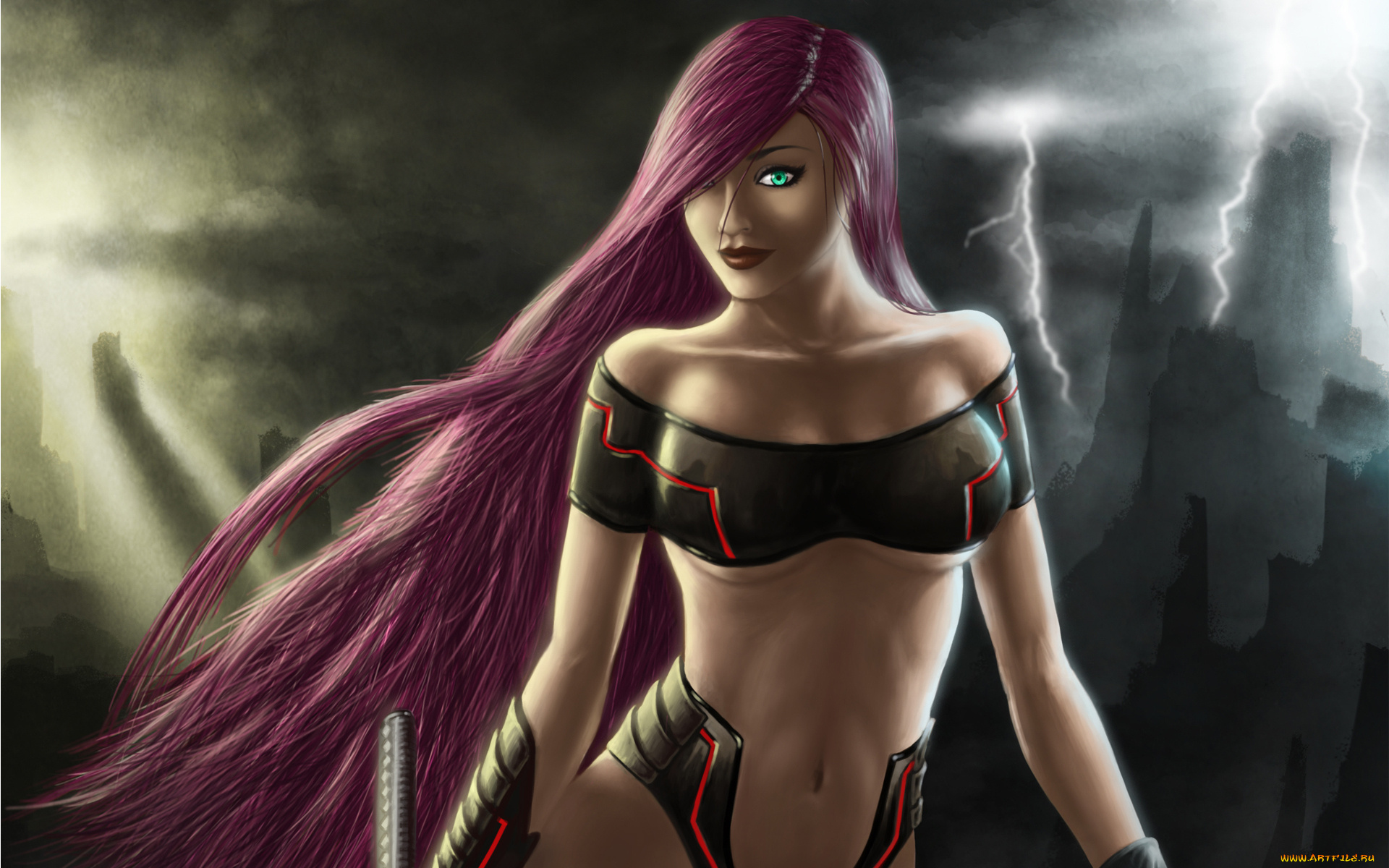 фэнтези, девушки, молнии, взгляд, меч, девушка