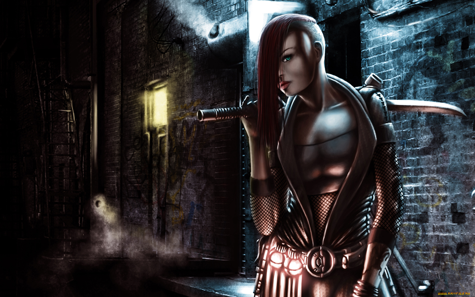 фэнтези, девушки, переулок, город, меч, девушка