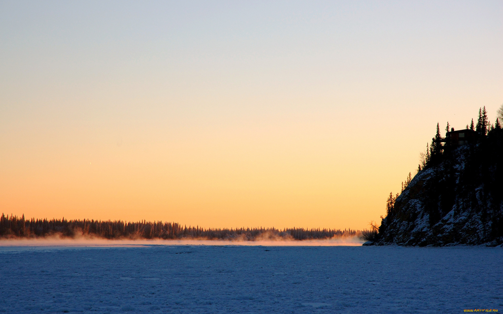 природа, зима, снег, лед, река, холм, лес, пригорок, деревья, пар