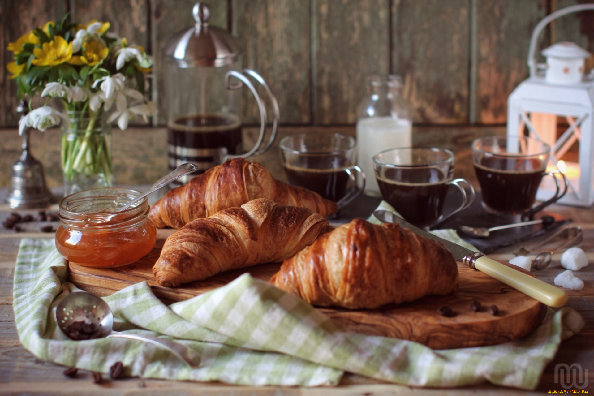 еда, разное, джем, кофе, круассаны
