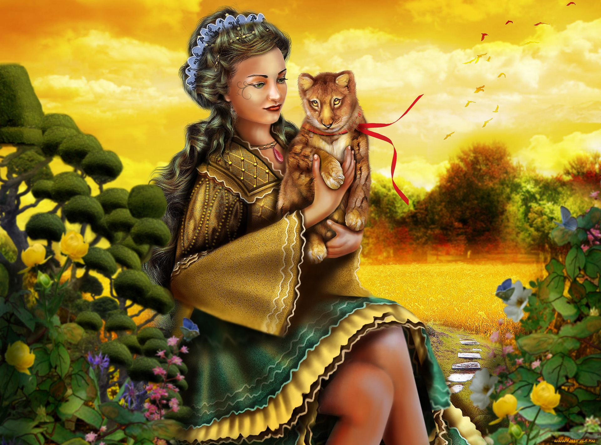 фэнтези, девушки, пейзаж, львенок
