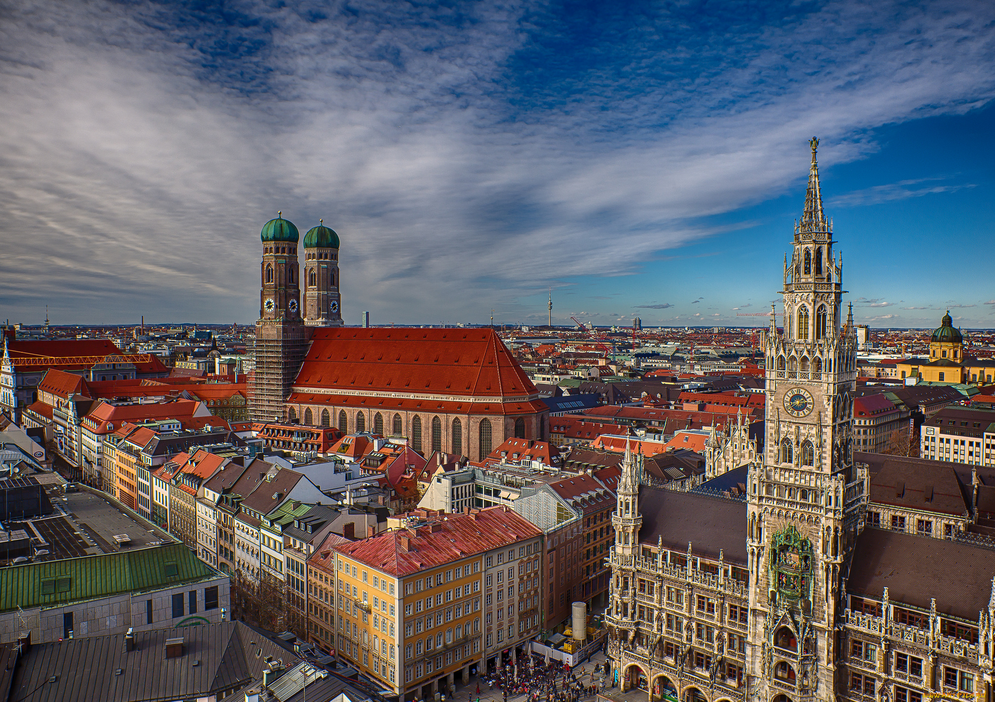 мюнхен, , германия, города, крыши, munich, bavaria, germany, munich, town, hall, marienplatz, frauenkirche, бавария, новая, ратуша, площадь, мариенплац, фрауэнкирхе, собор, здания, ратуша, панорама