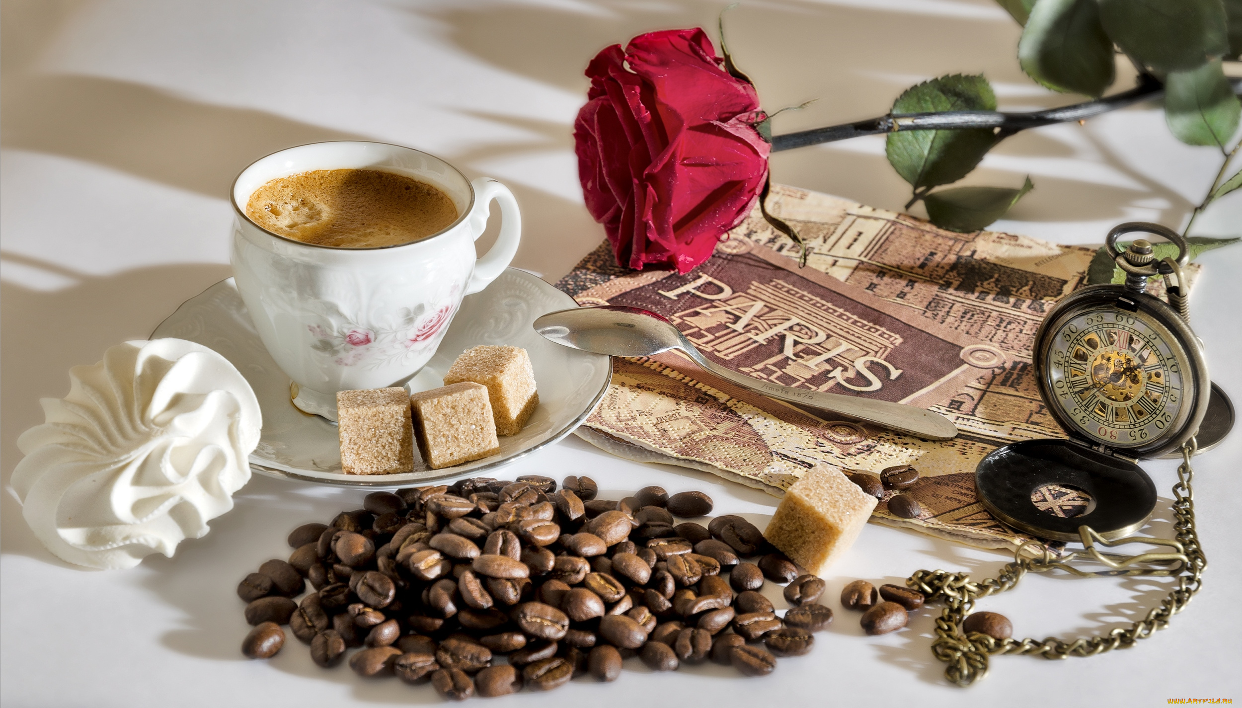 еда, кофе, , кофейные, зёрна, зерна, чашка, сахар, зефир, часы, роза