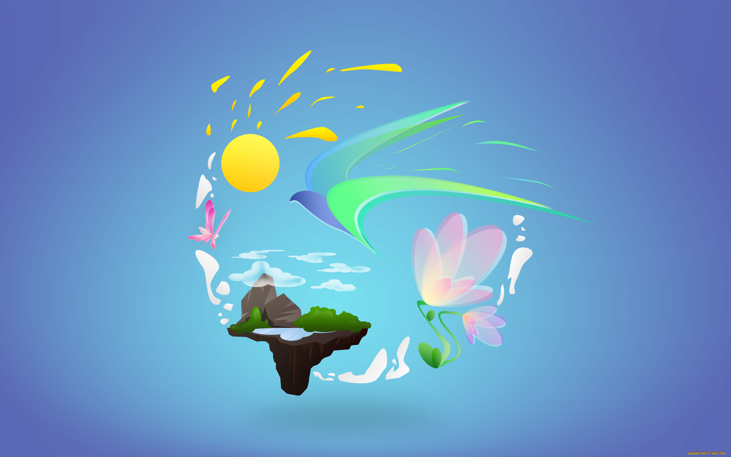 рисованные, минимализм, небо, земля, фон, птицы, солнце, облака