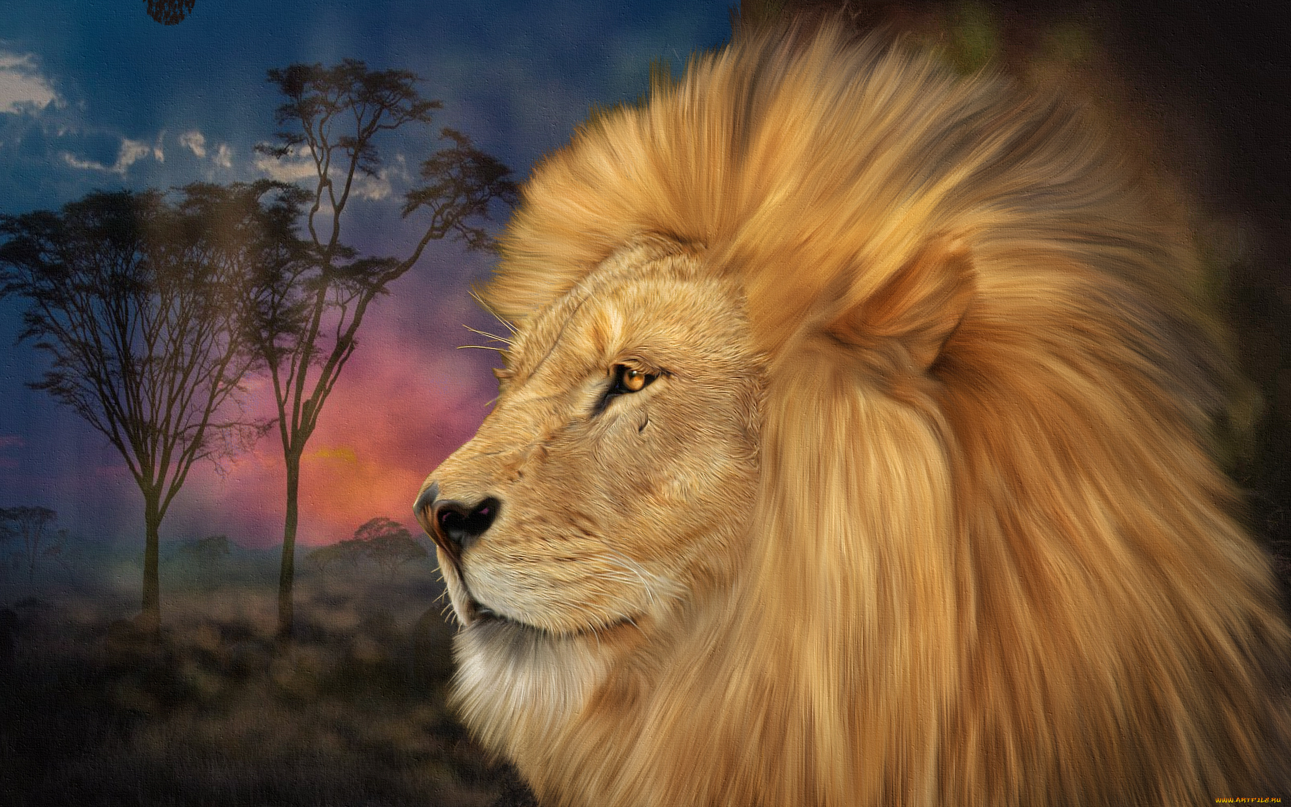 рисованные, животные, деревья, лев