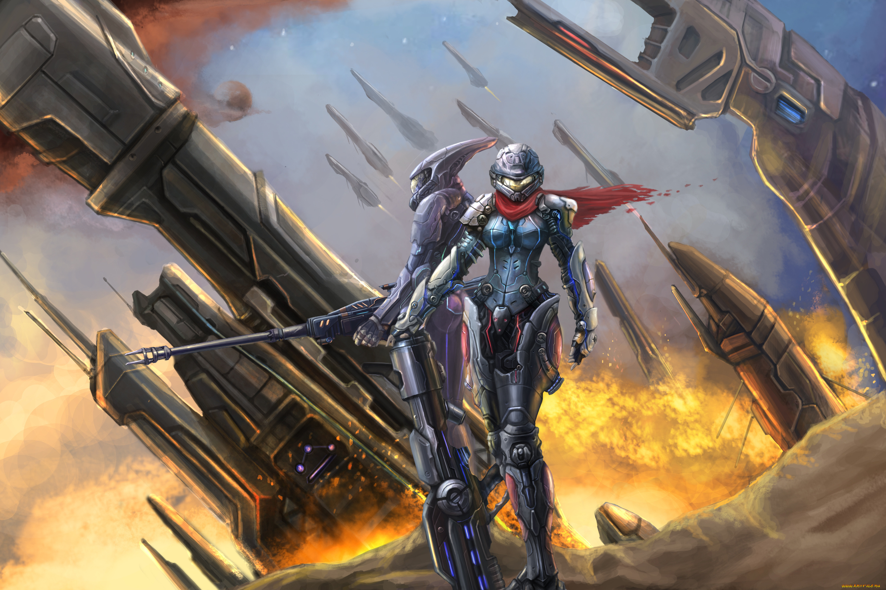 фэнтези, люди, защитные, пулемет, пустыня, костюмы, будущее