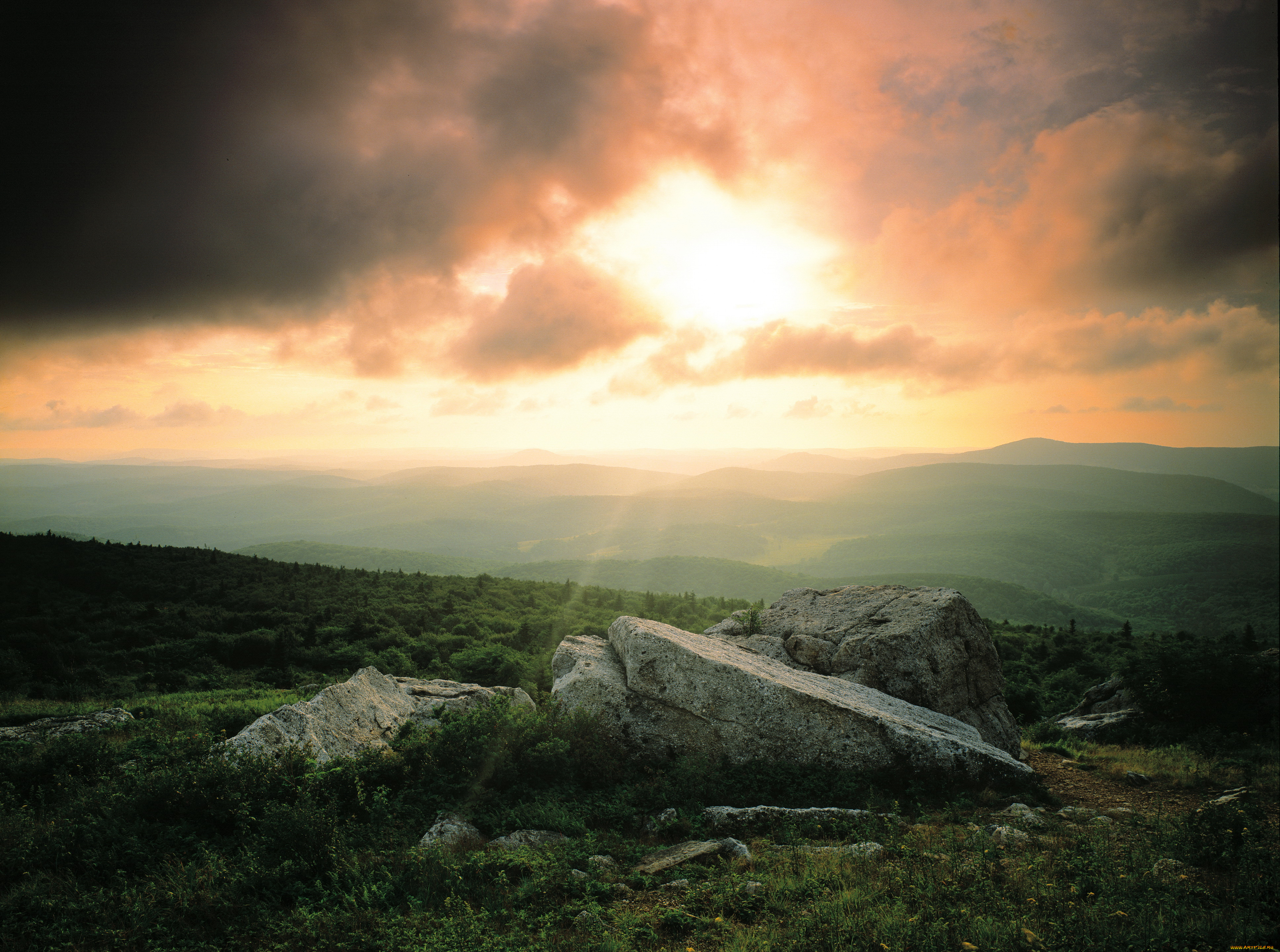природа, восходы, закаты, небо, зака, горы, пейзаж, облака, трава, камни