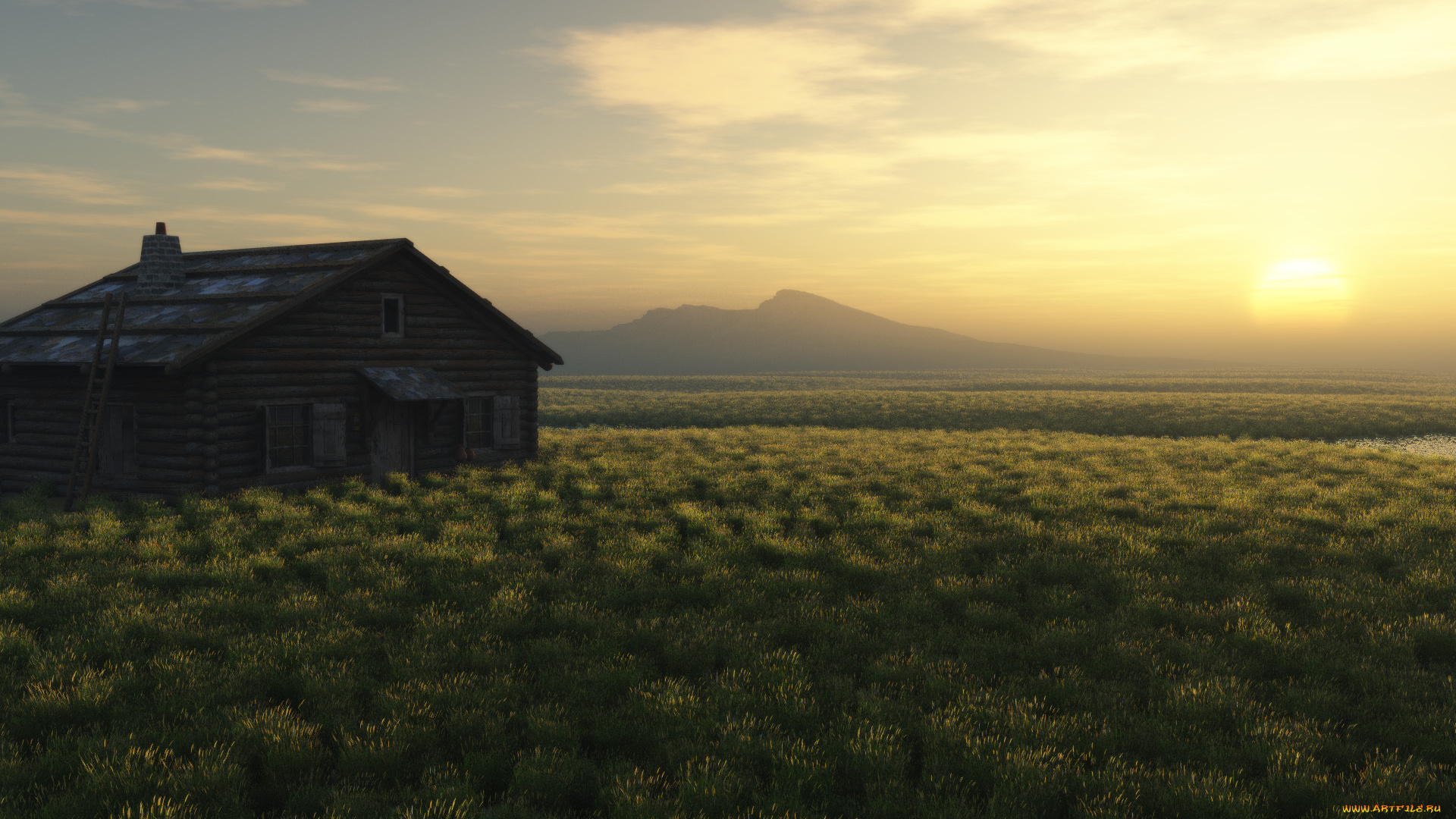 3д, графика, природа, , nature, горы, дом, поле, закат