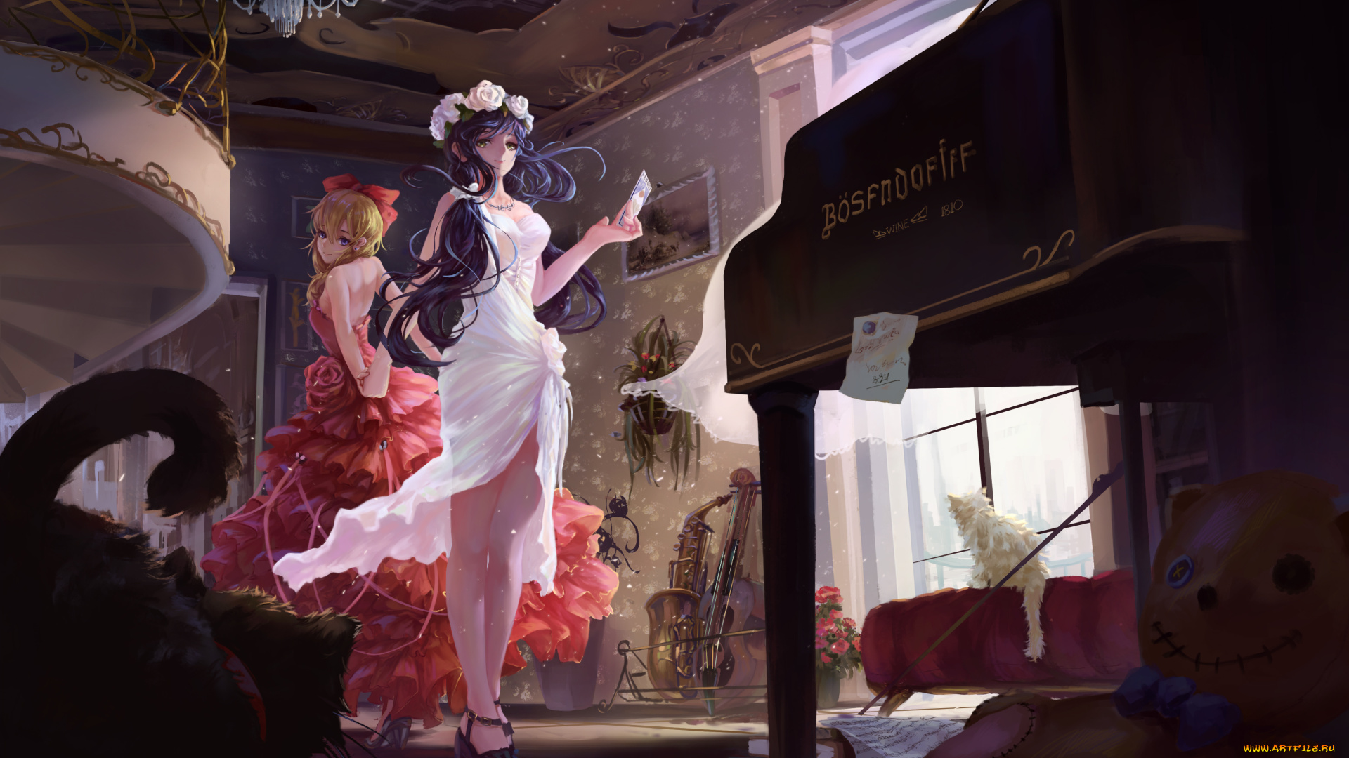 аниме, музыка, платья, девушки, комната, кот, музыкальные, инструменты, арт, neko-mura, ikkro, toujou, nozomi, ayase, eri, school, idol, project, love, live