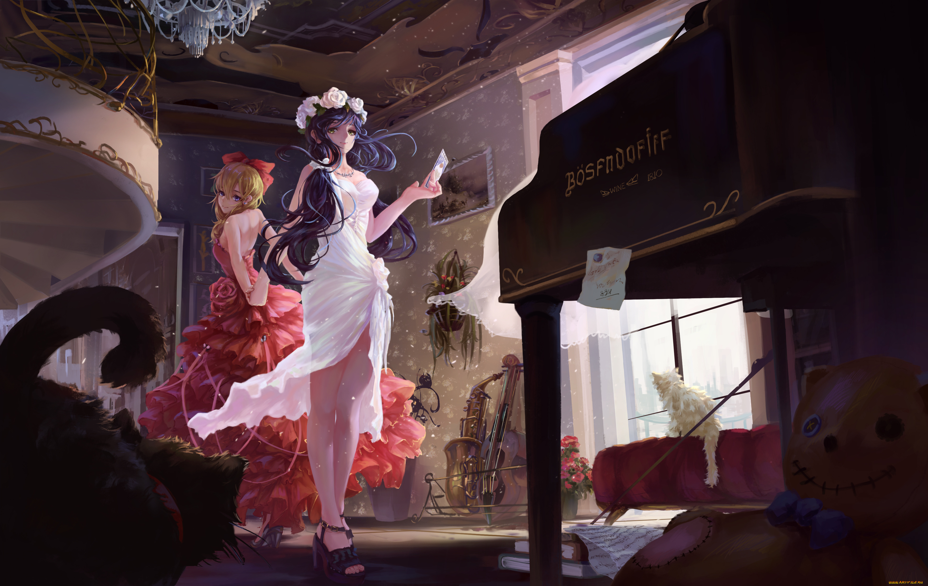 аниме, музыка, платья, девушки, комната, кот, музыкальные, инструменты, арт, neko-mura, ikkro, toujou, nozomi, ayase, eri, school, idol, project, love, live