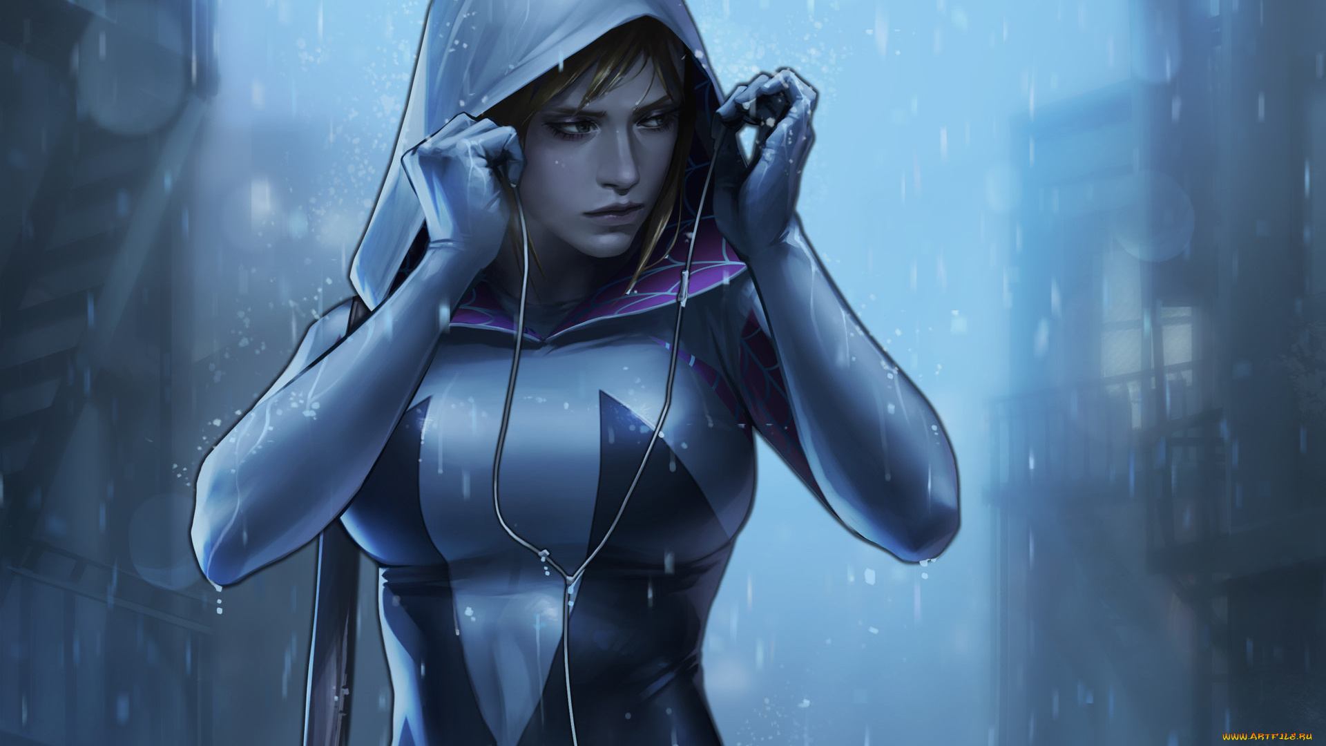 рисованное, комиксы, spider, gwen, stacy, арт, marvel, comics, девушка, взгляд, капюшон, костюм, сумка, наушники
