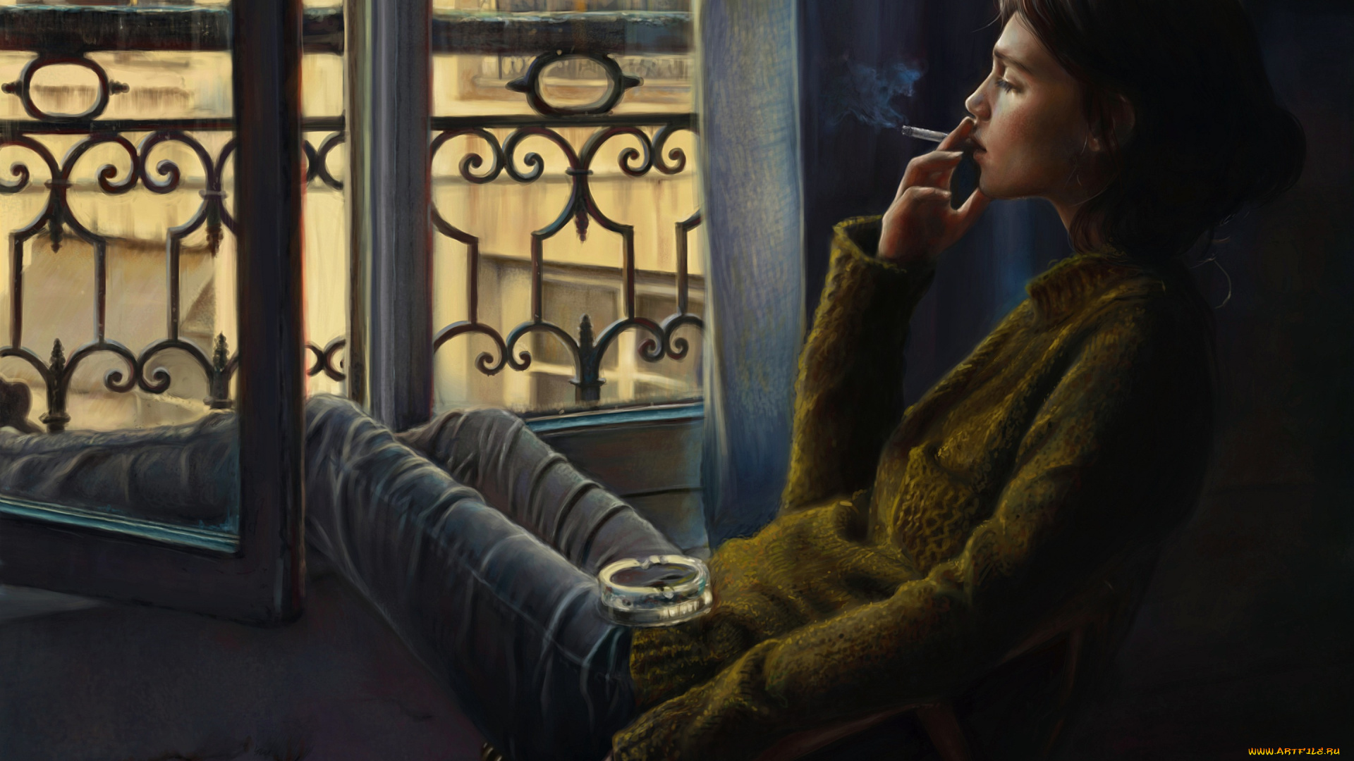 рисованное, люди, пепельница, арт, курит, сигарета, окно