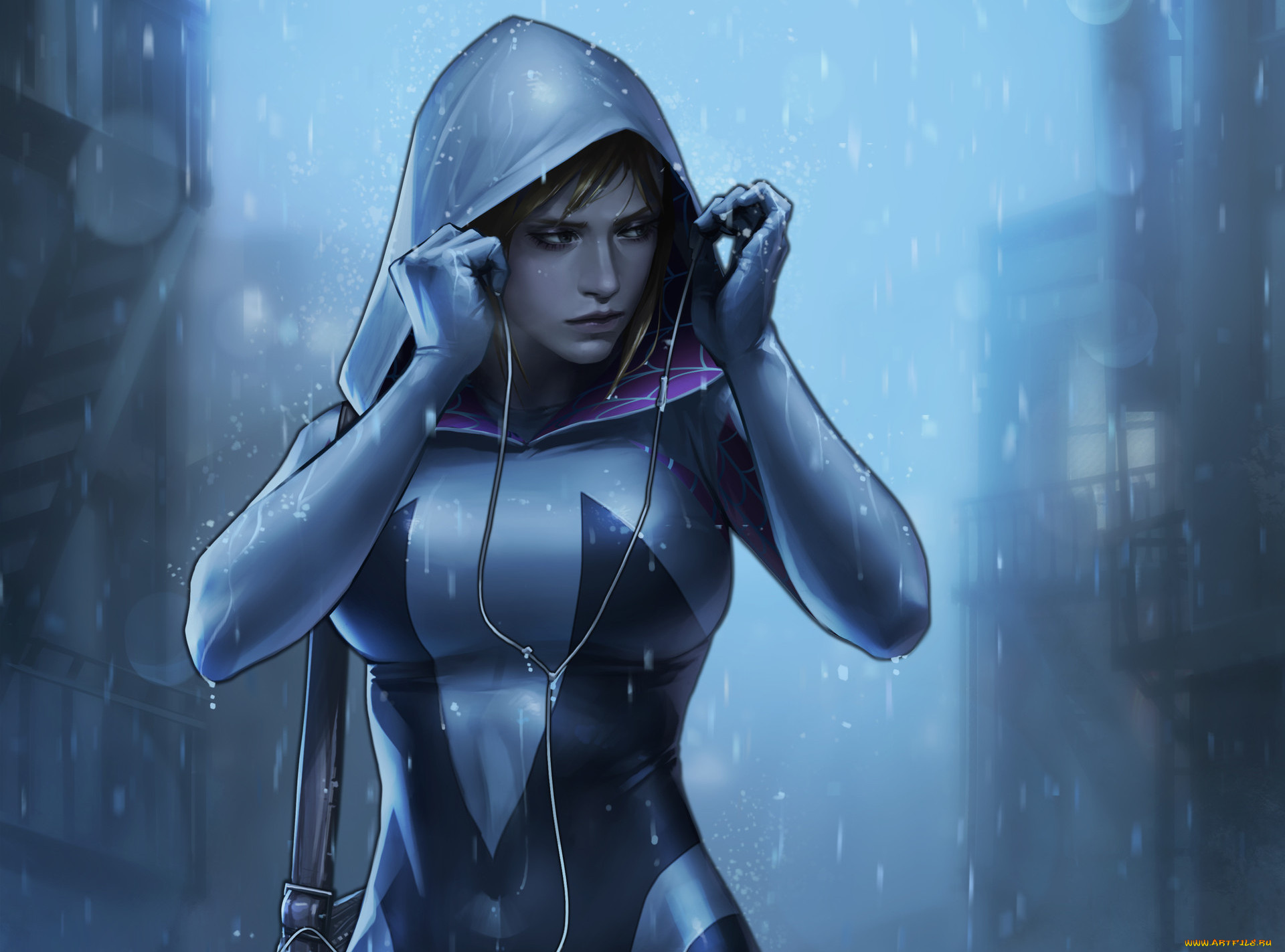рисованное, комиксы, spider, gwen, stacy, арт, marvel, comics, девушка, взгляд, капюшон, костюм, сумка, наушники