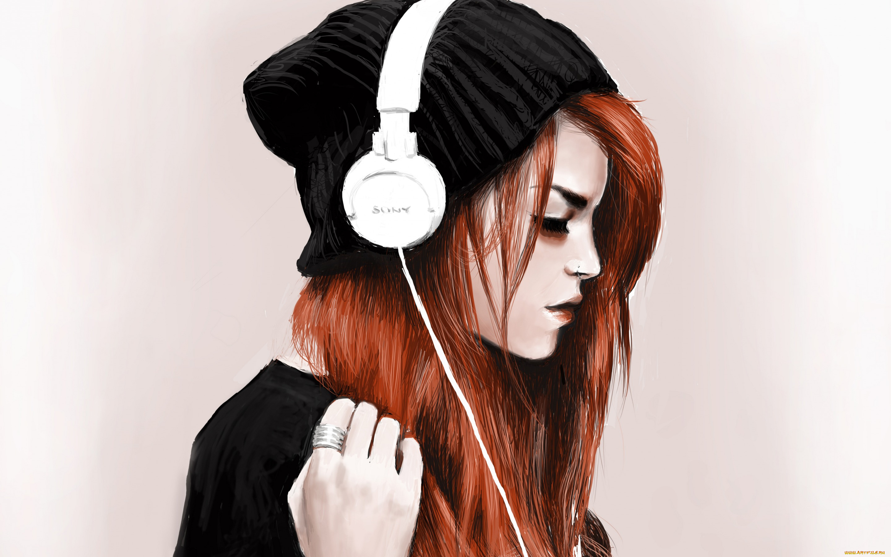 рисованное, люди, кольцо, пирсинг, шапка, наушники, девушка, рыжая
