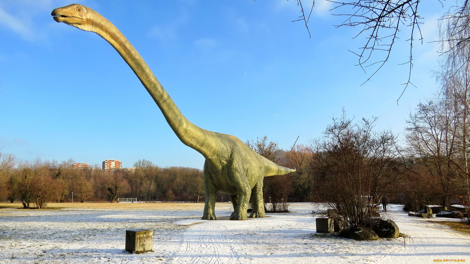 города, -, памятники, , скульптуры, , арт-объекты, снег, деревья, динозавр