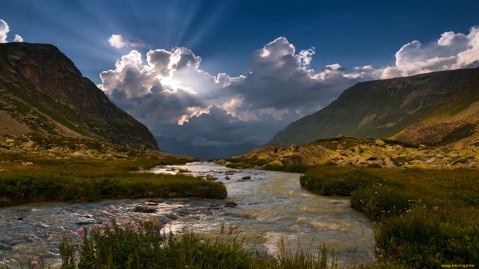 природа, реки, озера, лучи, горы, облака, река