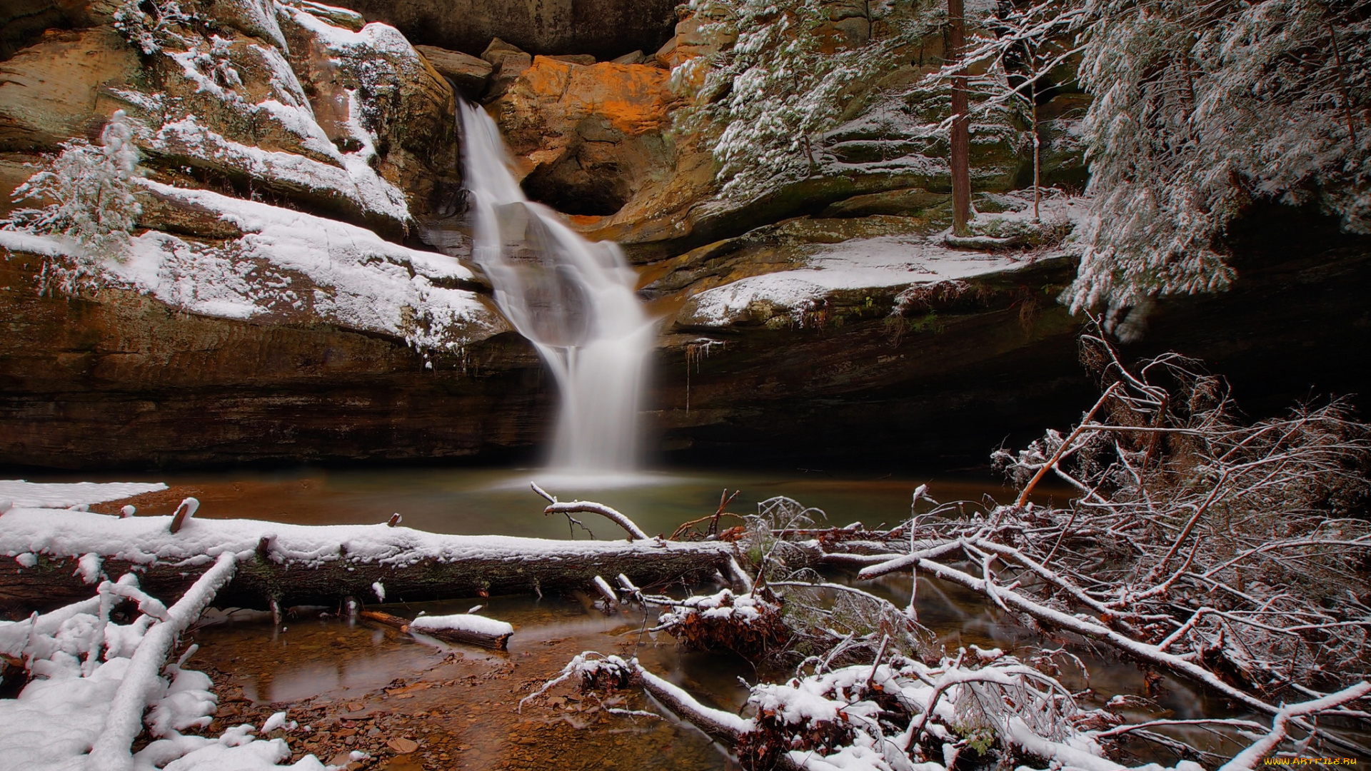 природа, водопады, деревья, снег