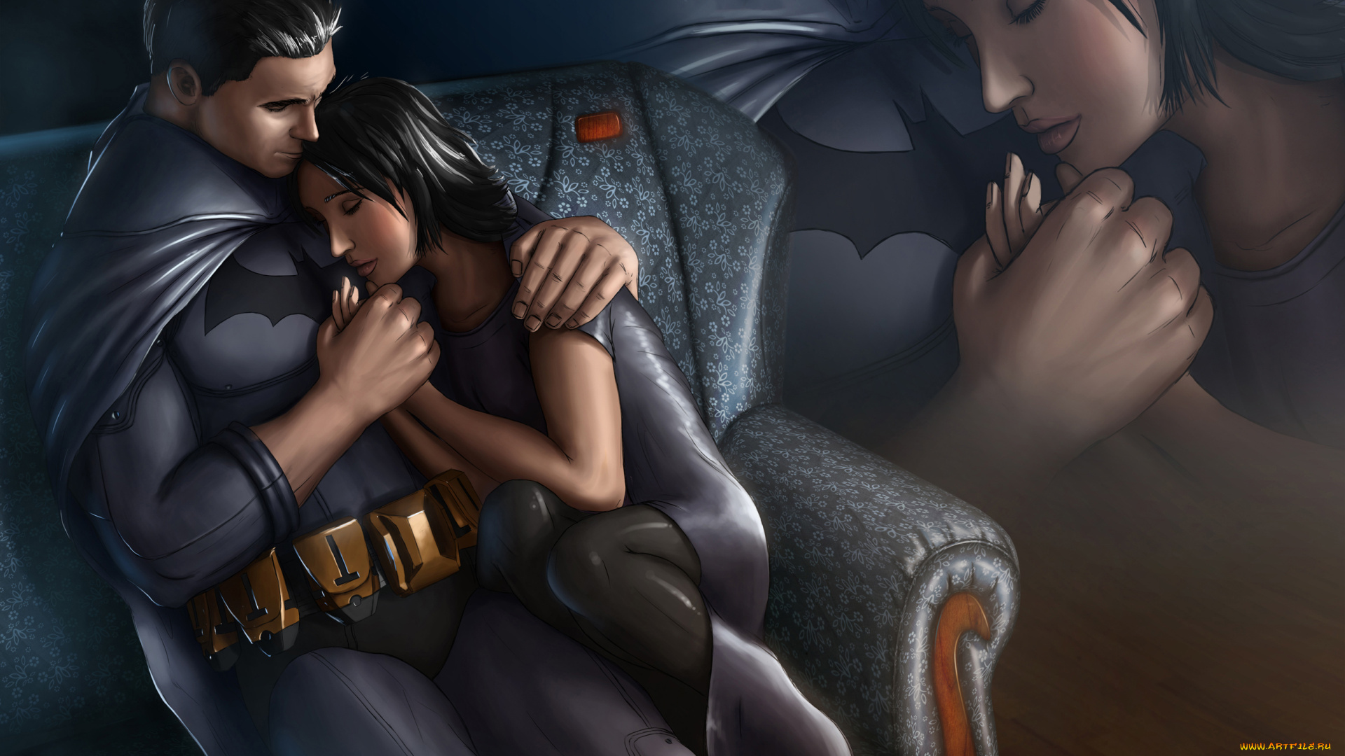 рисованное, комиксы, девушка, мужчина, диван, униформа, фон