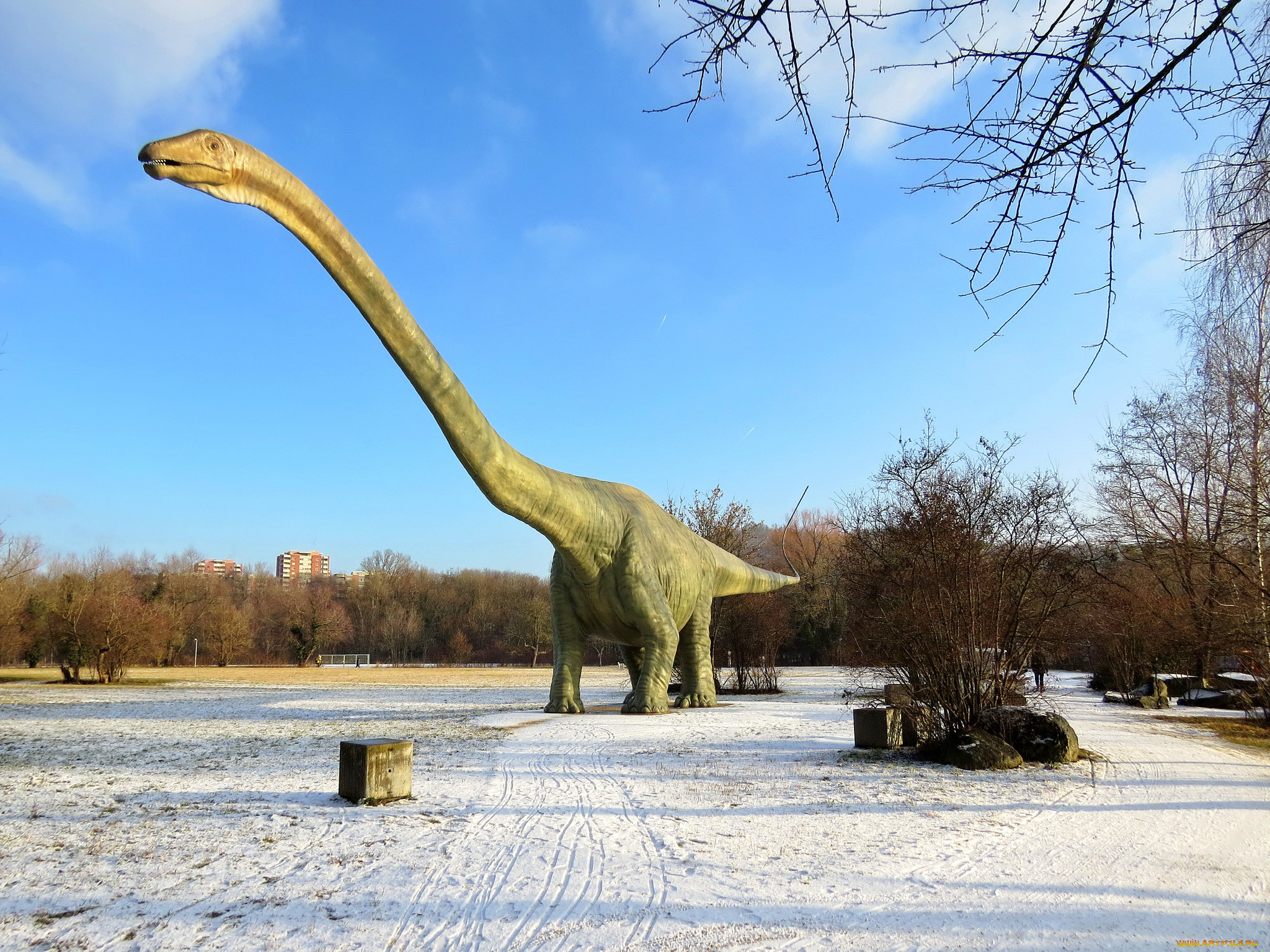 города, -, памятники, , скульптуры, , арт-объекты, снег, деревья, динозавр