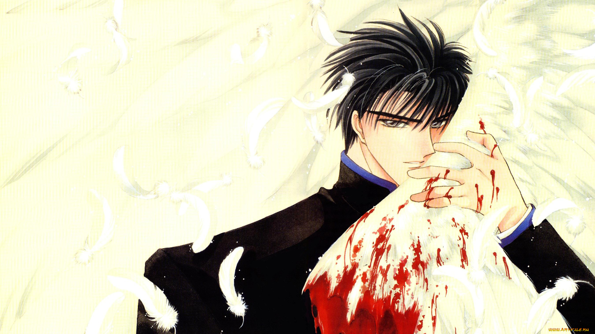 аниме, ангелы, , демоны, кровь, парень, перья, крылья