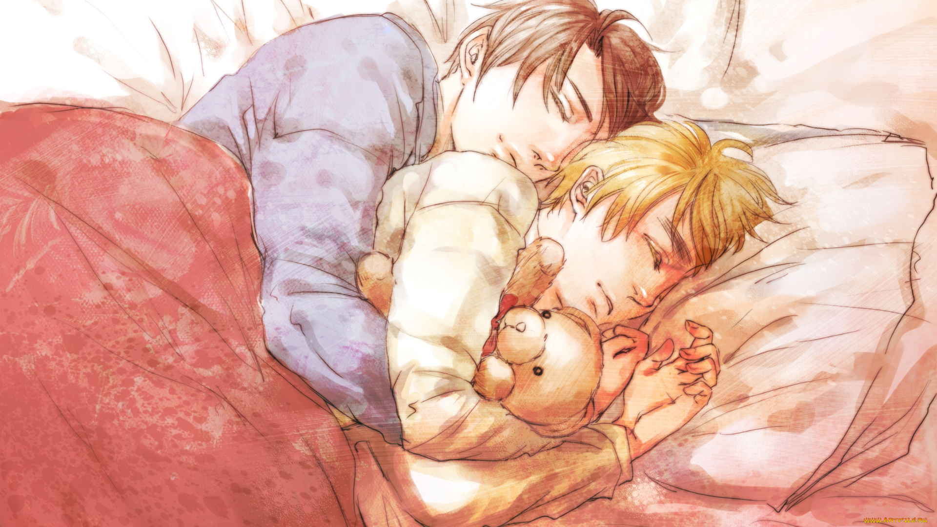 аниме, hetalia, , axis, powers, кровать, сон, подушки, одеяло, мишка, парни