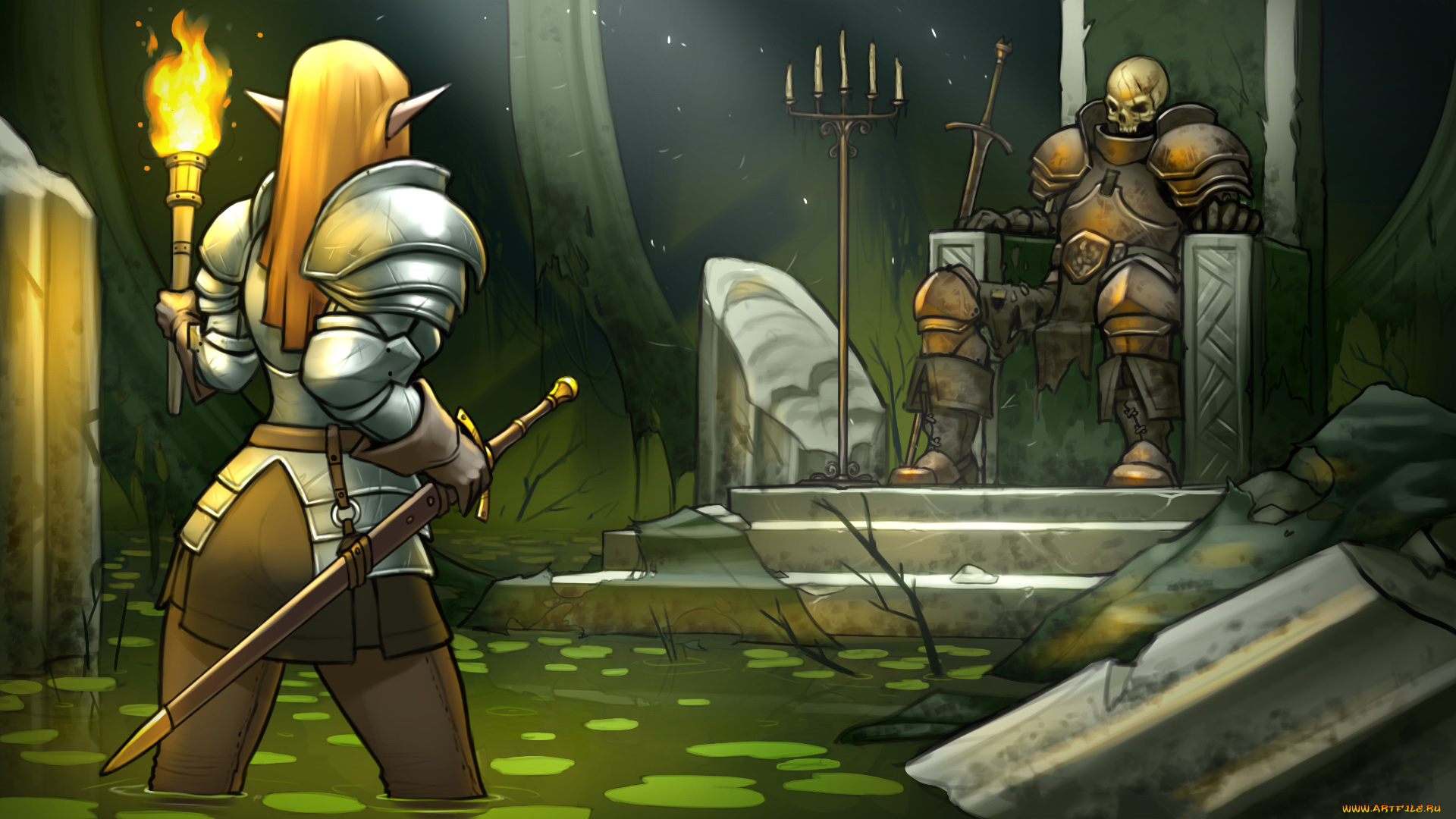 аниме, оружие, , техника, , технологии, трон, меч, фон, латы, скелет, девушка