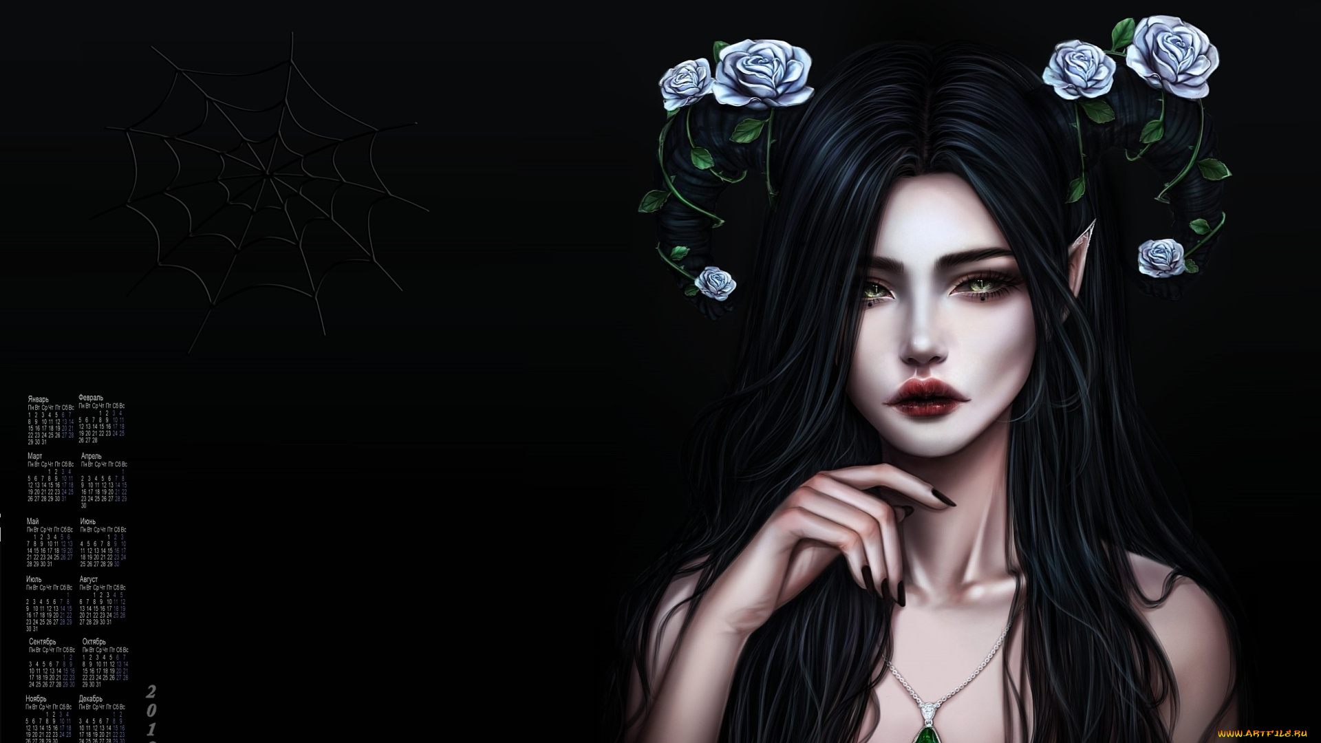 календари, фэнтези, 2018, девушка, взгляд, цветы, кулон