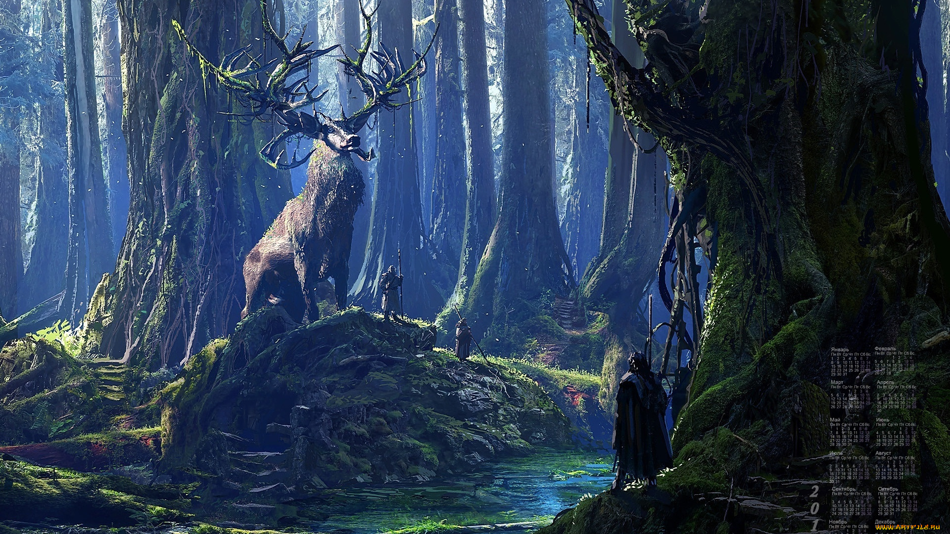 календари, фэнтези, олень, деревья