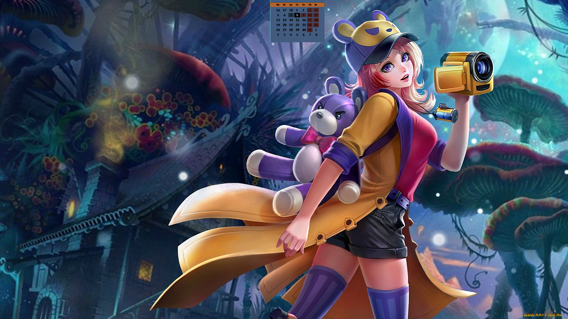 календари, рисованные, , векторная, графика, 2018, девушка, взгляд, видеокамера, игрушка