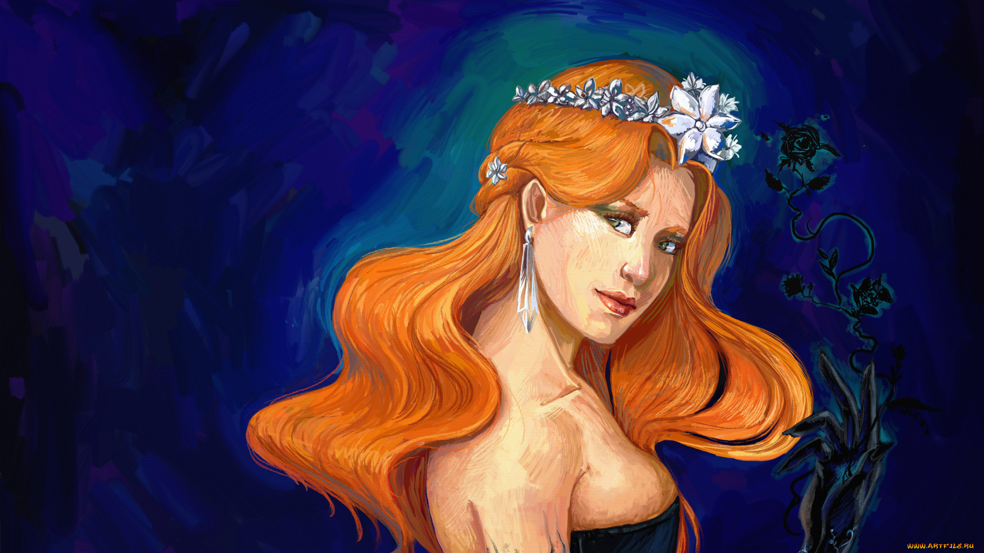 рисованное, комиксы, девушка, фон, взгляд, венок