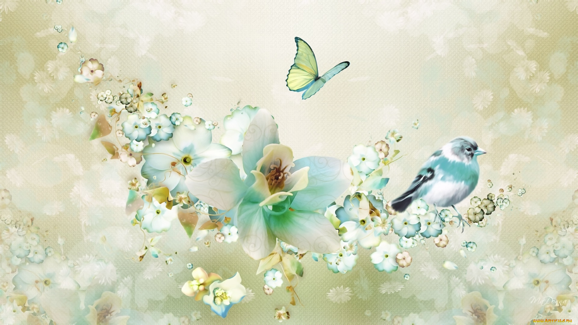векторная, графика, животные, , animals, фантазия, птица, бабочка, цветы, весна, рендеринг, фон, картинка, коллаж, рисунок, лепестки
