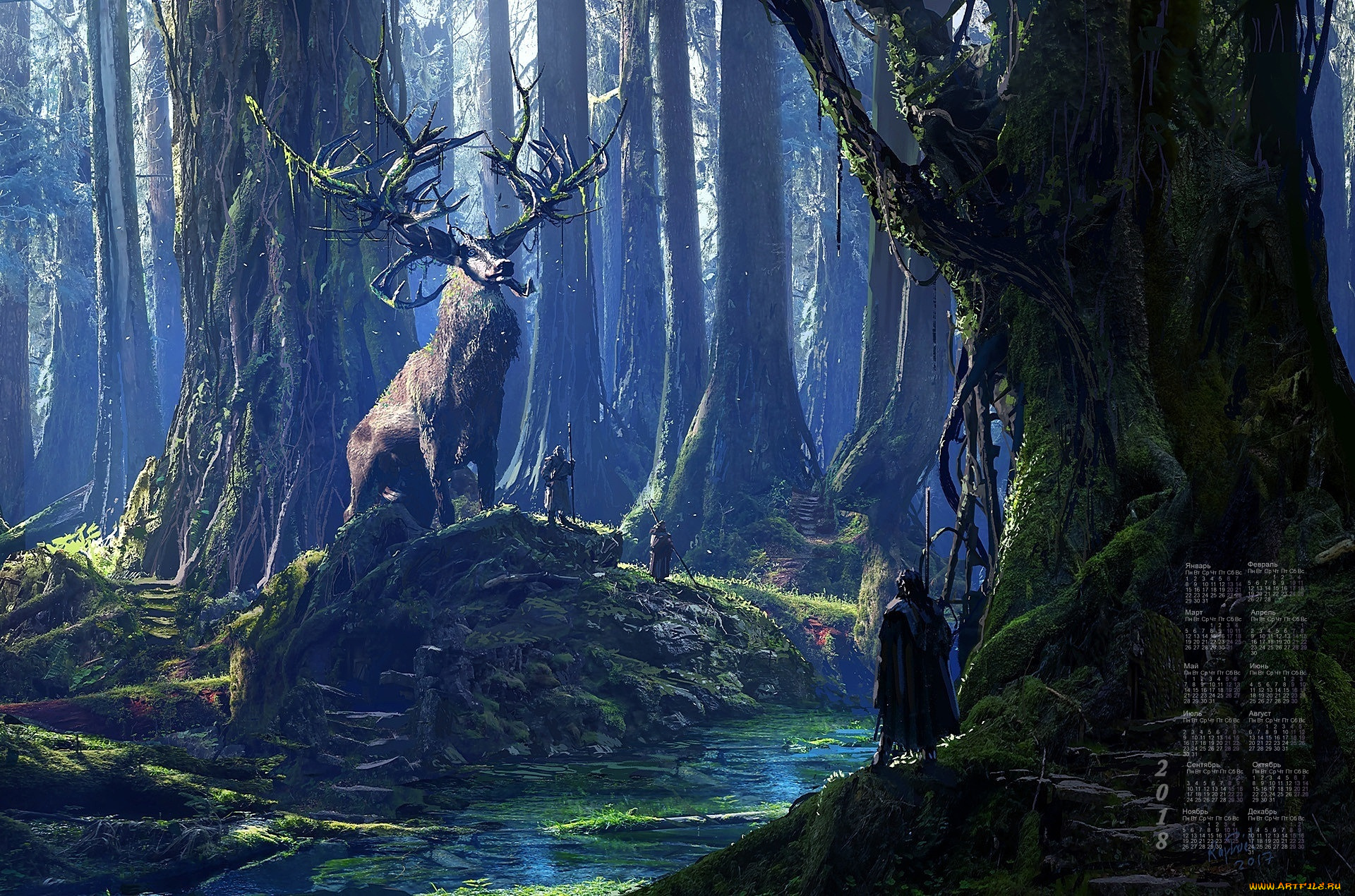 календари, фэнтези, олень, деревья