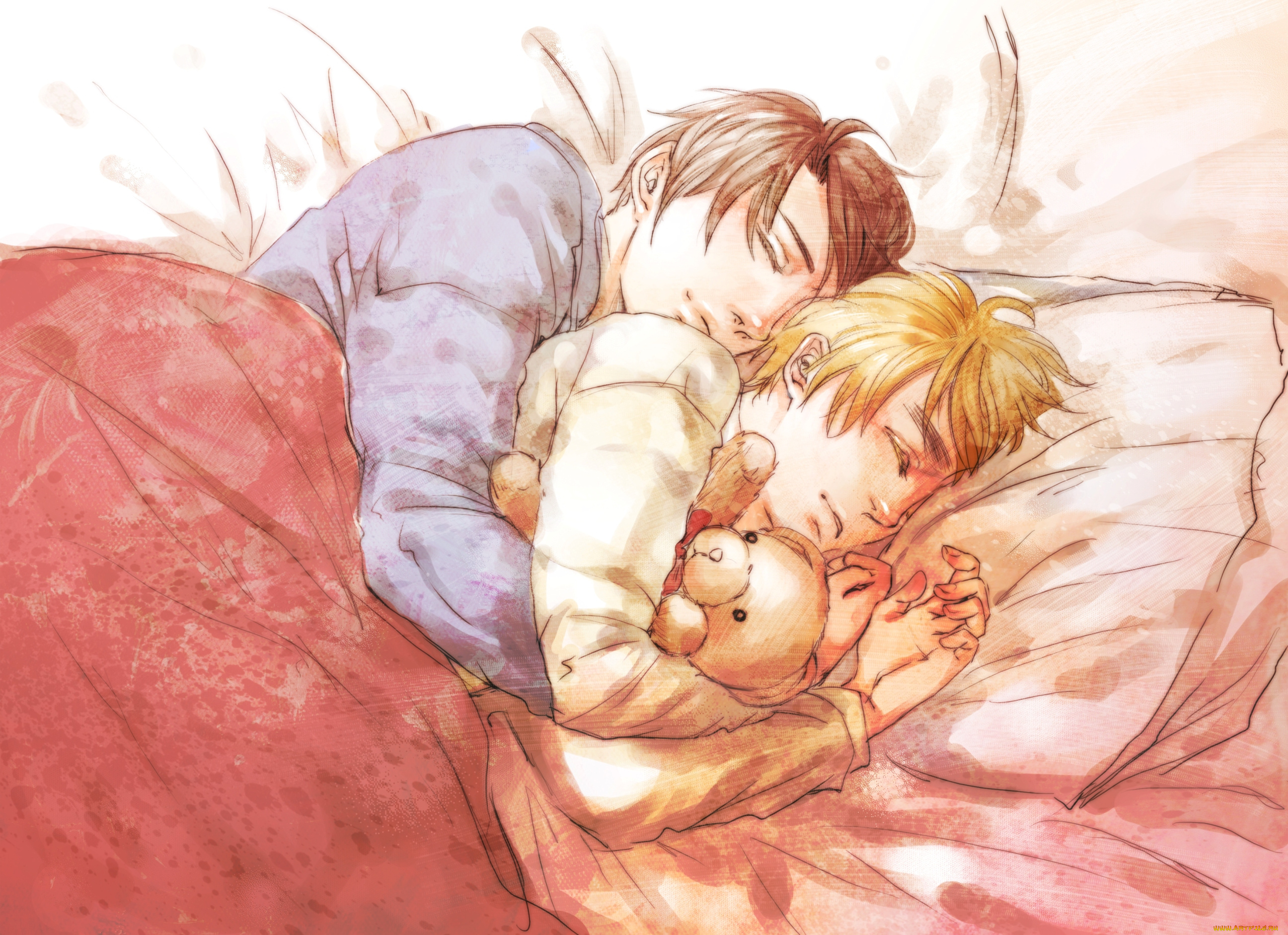 аниме, hetalia, , axis, powers, кровать, сон, подушки, одеяло, мишка, парни