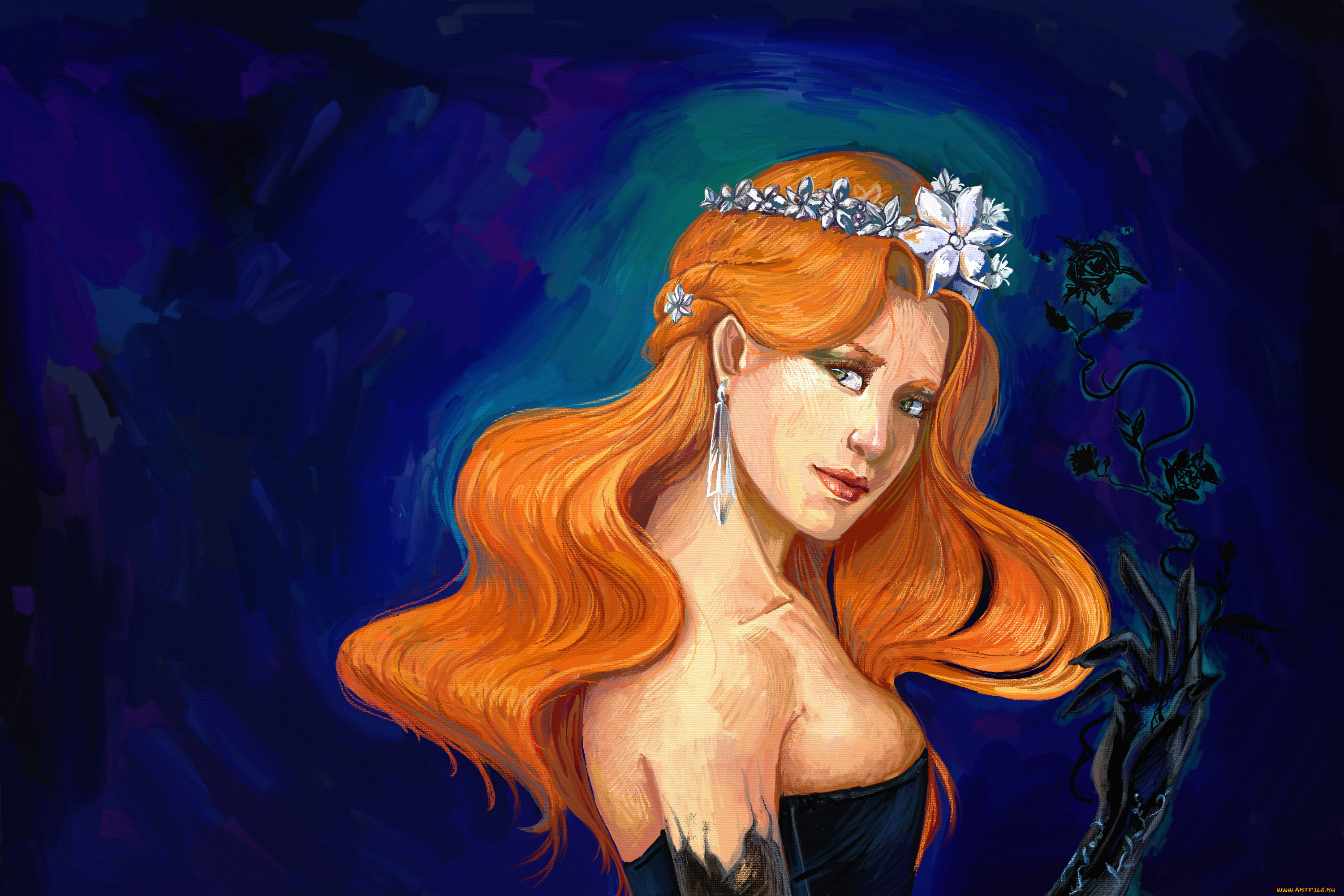 рисованное, комиксы, девушка, фон, взгляд, венок