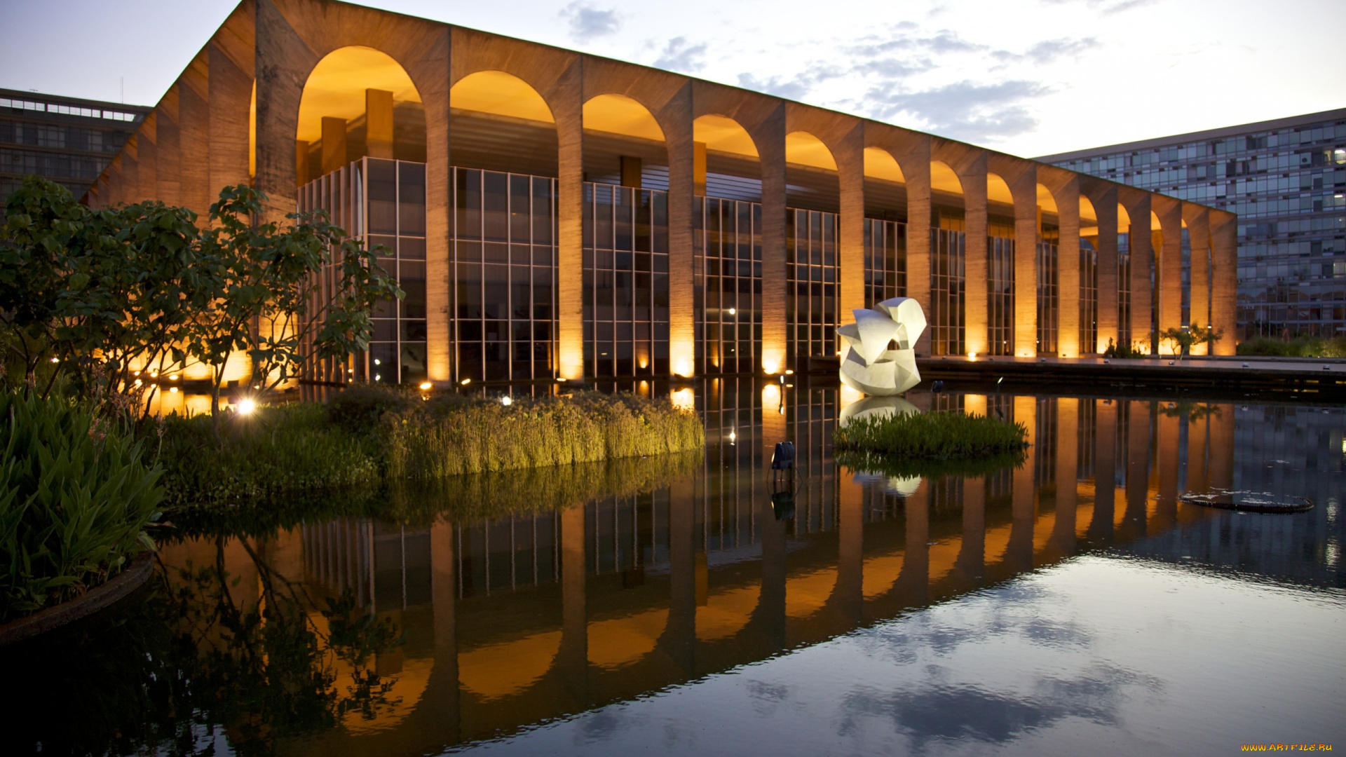 дворец, итамарати, , бразилиа, города, -, здания, , дома, огни, здание, бассейн