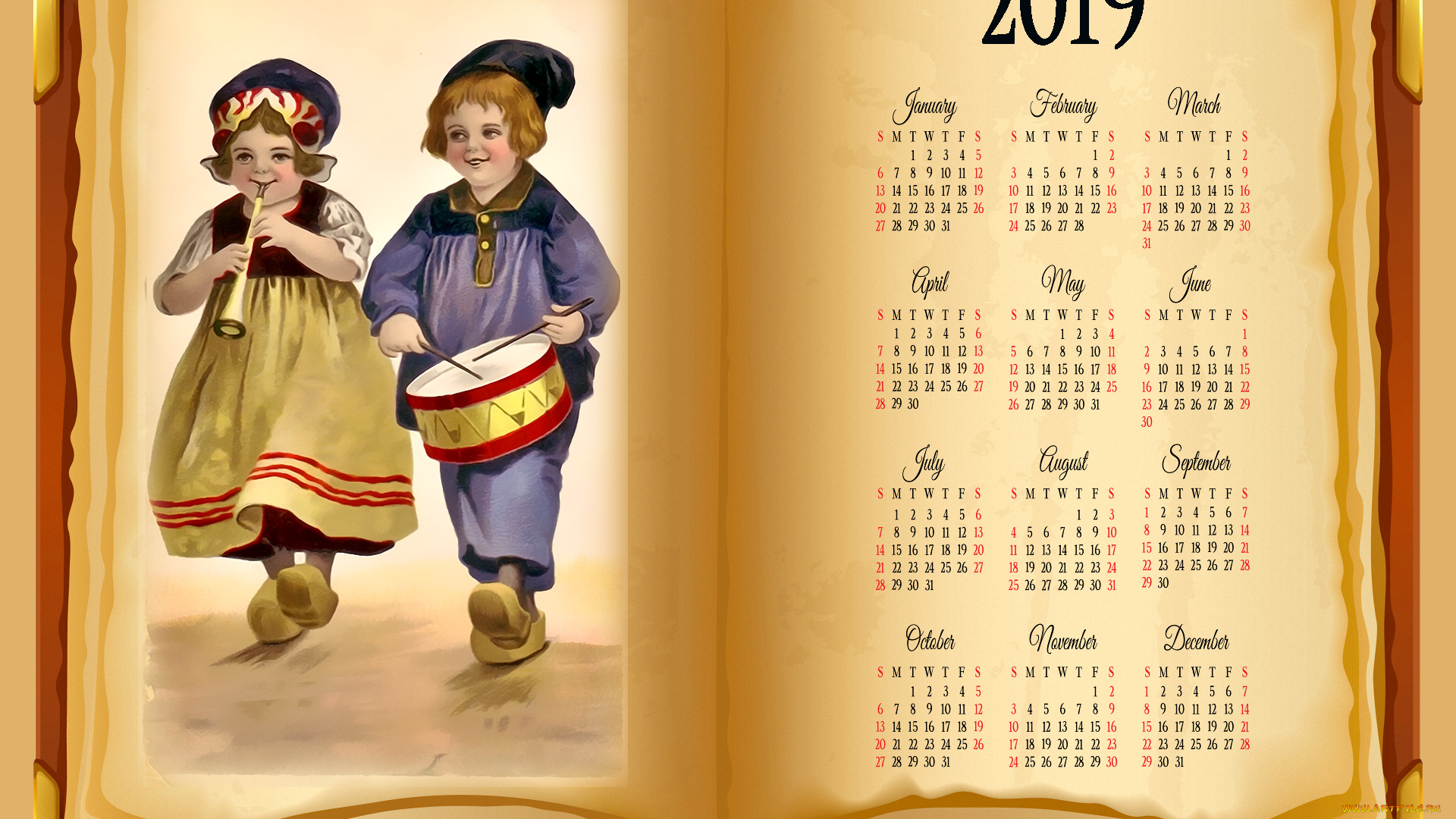 календари, рисованные, , векторная, графика, ребенок, девочка, мальчик, барабан, дудка