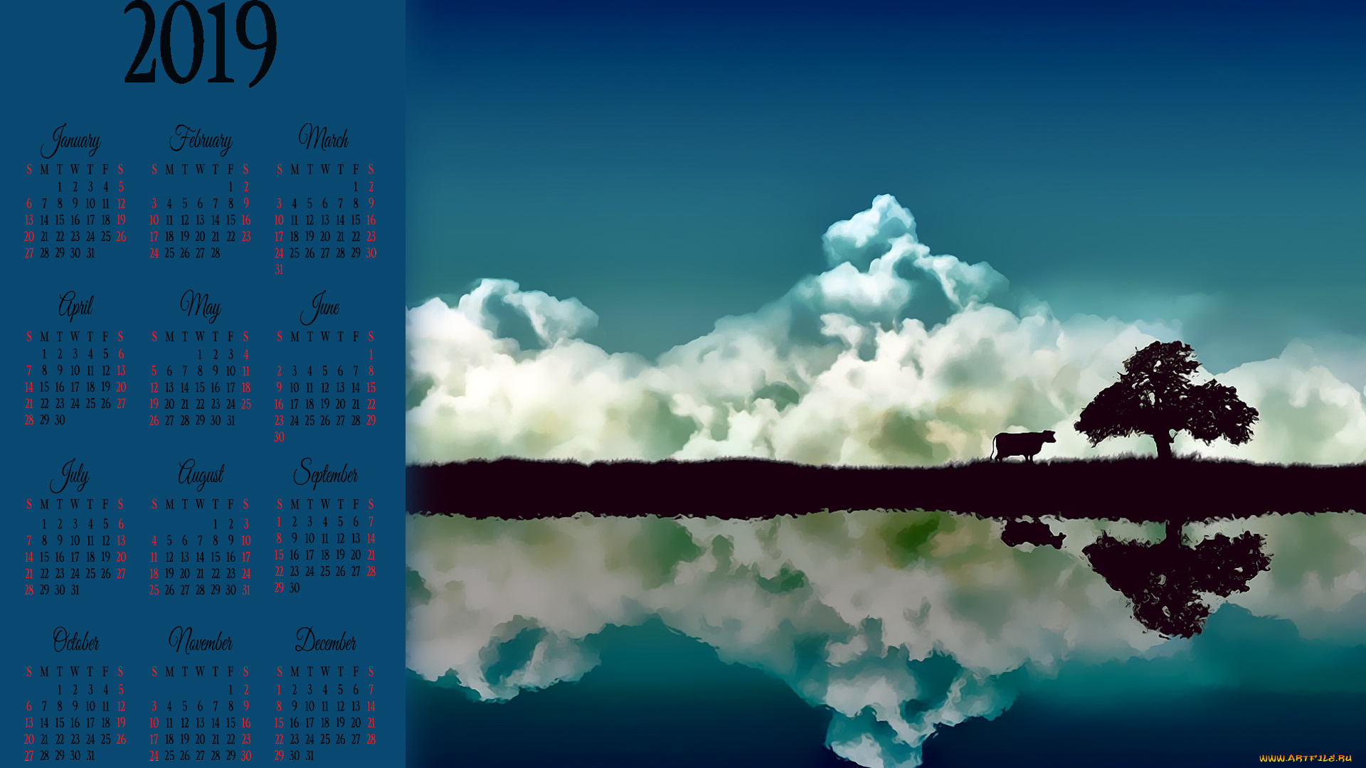 календари, рисованные, , векторная, графика, корова, облако, водоем, отражение, дерево