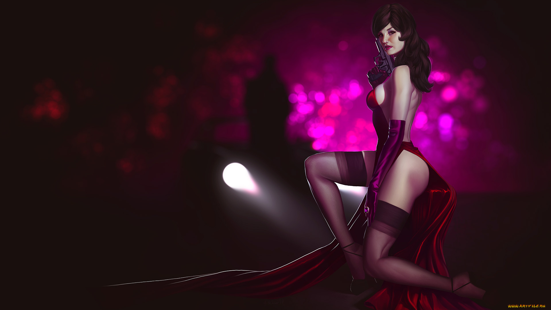 рисованное, люди, девушка, фон, взгляд, револьвер, чулки