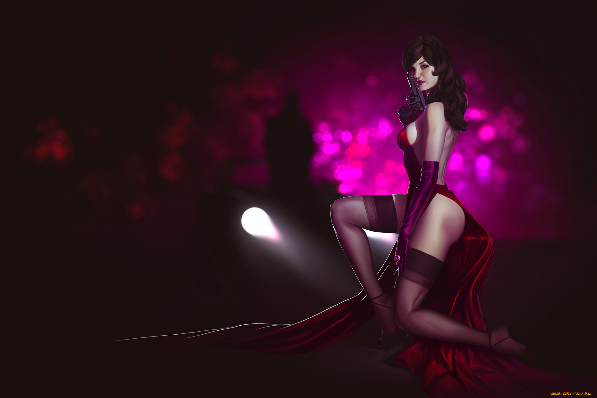 рисованное, люди, девушка, фон, взгляд, револьвер, чулки