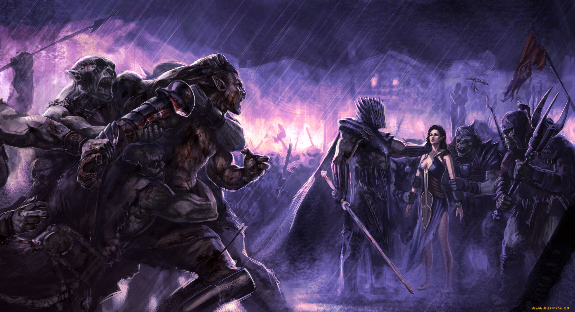 фэнтези, существа, униформа, оружие, орки, девушка, фон