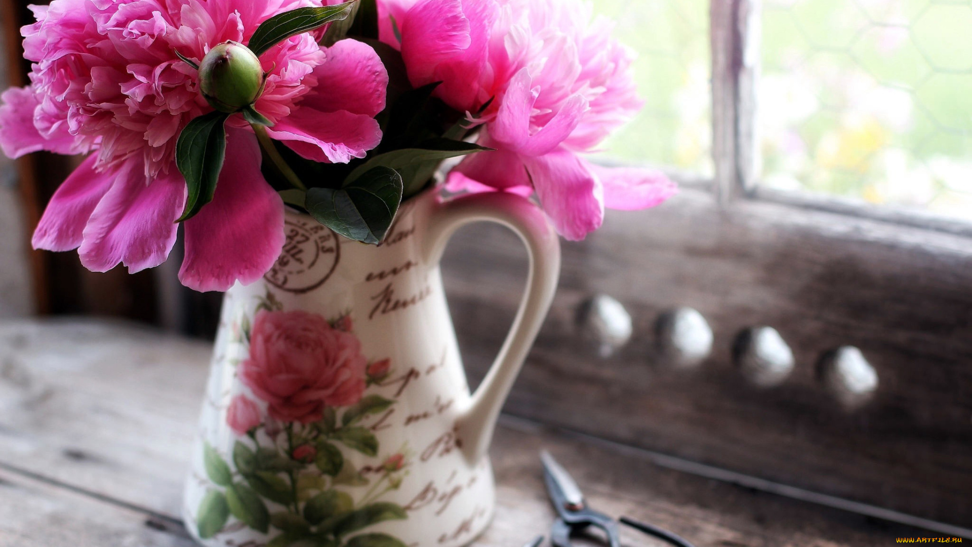 цветы, пионы, кувшин, розовые, букет