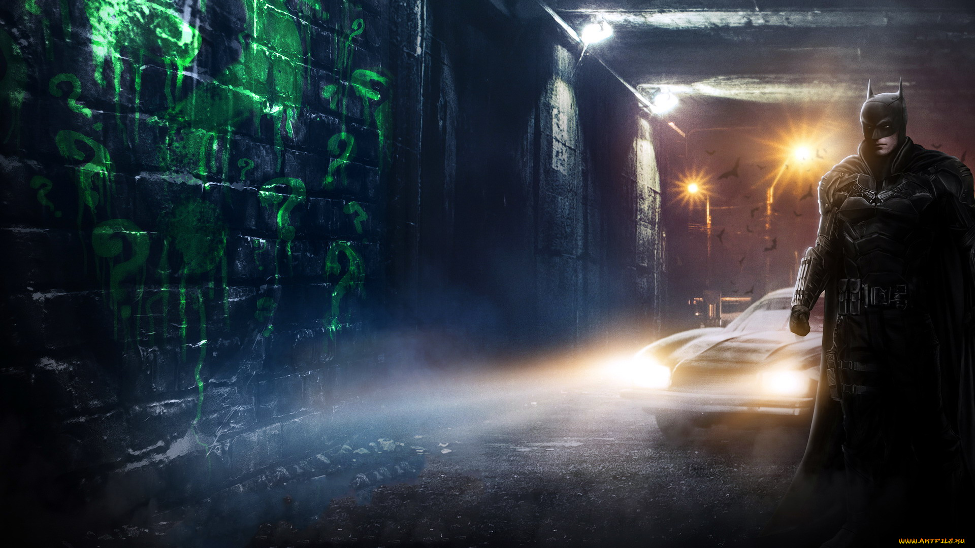 рисованное, кино, , мультфильмы, бэтмен, машина, свет, стена, граффити