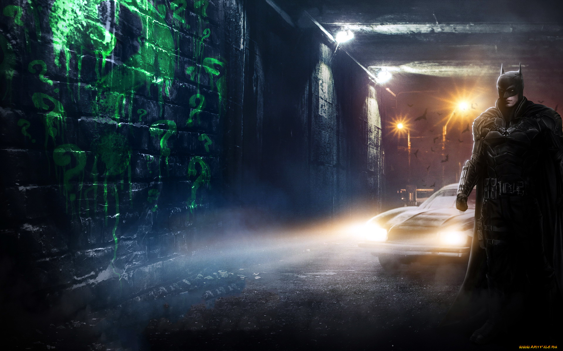 рисованное, кино, , мультфильмы, бэтмен, машина, свет, стена, граффити