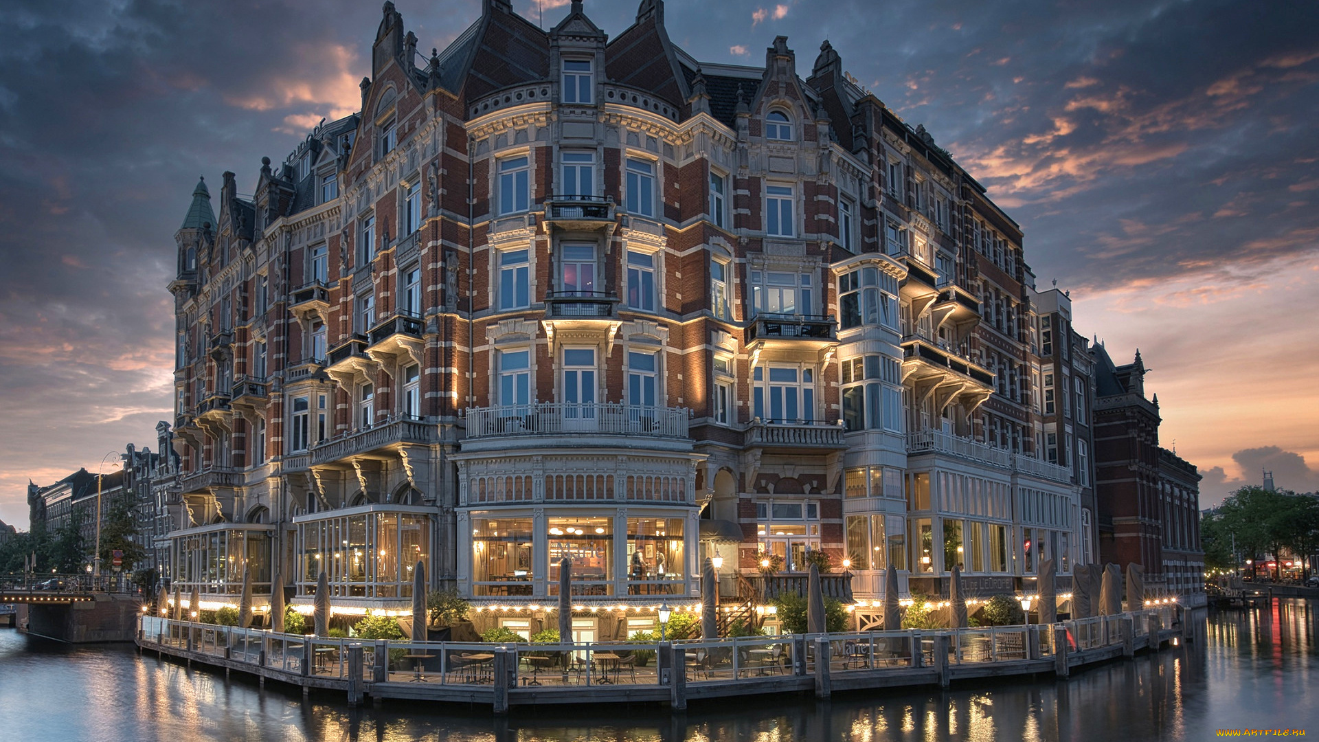 города, амстердам, , нидерланды, здание, hotel, de, leurope, вечер, закат, городской, вид, амстердам