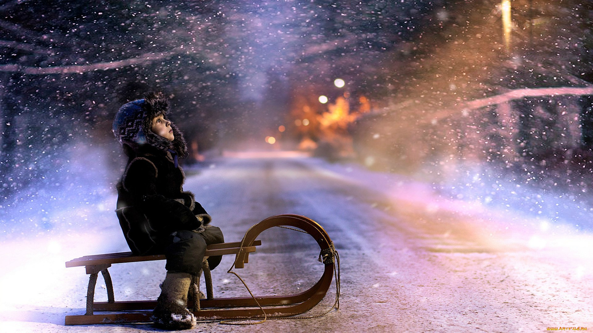 разное, дети, мальчик, санки, дорога, снег, огни